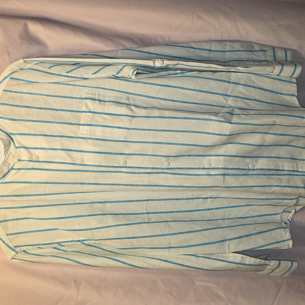 Onia White & Blue Striped Long Sleeve Mens Button Up Size Large (Frank #26)
